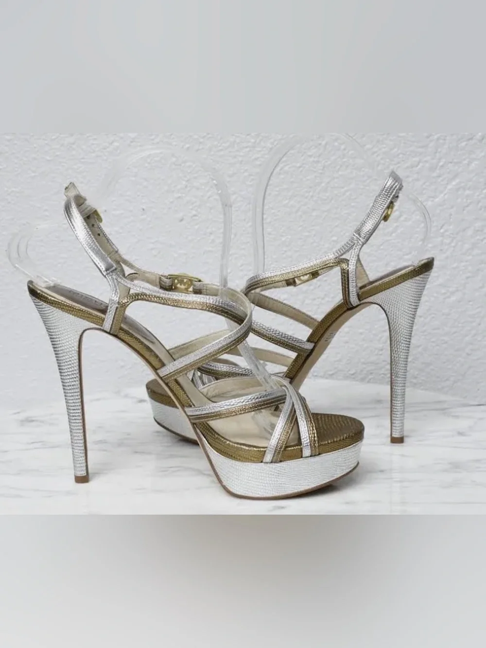Michael Kors “Cicely” Silver & Gold Leather Strappy Platform Stiletto Heels